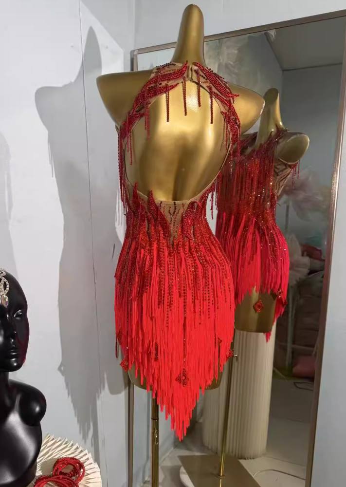 Custom Size Red Competition Latin Dance Dresses for Women Girls Salsa Rumba Chacha Latin Dance Costumes