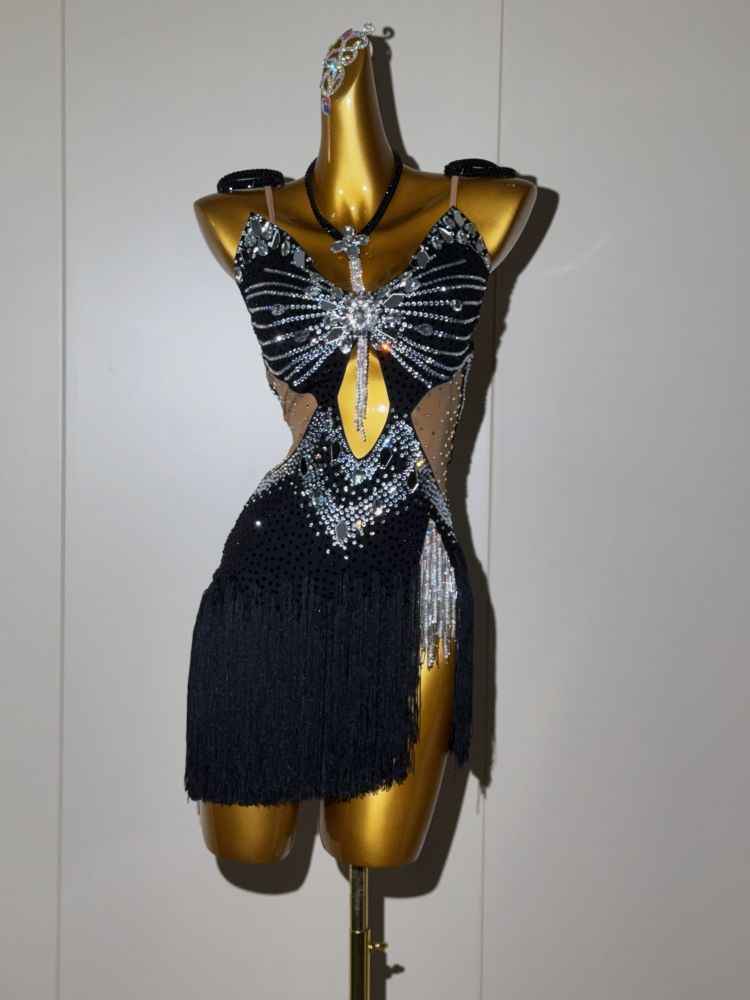 Custom Coffee Latin Dance Competition Dress Rhinestone Rhythm Slsa Chacha Gown