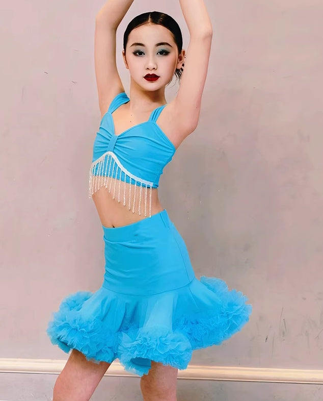 Girls Latin Dance Dresses Turquoise Mint Salsa Rumba Chacha Ruffled Latin Performance Practice Suit for Kids - Moderndancedress.com
