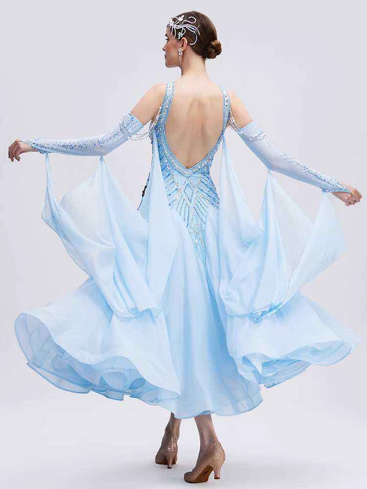 Custom Size Light Blue Competition Ballroom Dance Dresses for Women Hollow Shoulder Waltz Tango Foxtrot Dance Long Gown