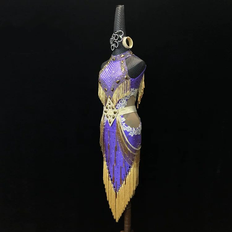 Lavender & Gold Halter Latin Dance Dress - Luxury Rhinestone Fringe Competition Wear