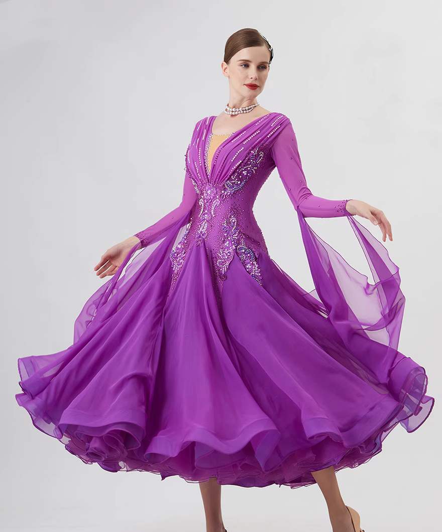 Custom Size Purple Competition Ballroom Dance Dresses for Women Rhinestones Waltz Tango Smooth Dance Long Gown - Moderndancedress.com