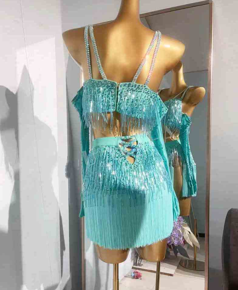 Custom Size Women's Latin Dance Dress Blue Orange Stones Fringe Skirts Salsa Competition Latin Performance