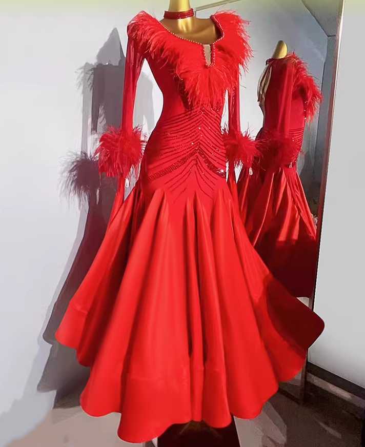 Custom Size Women Ostrich Hair Ballroom Dance Dress Red Smooth Waltz Gown