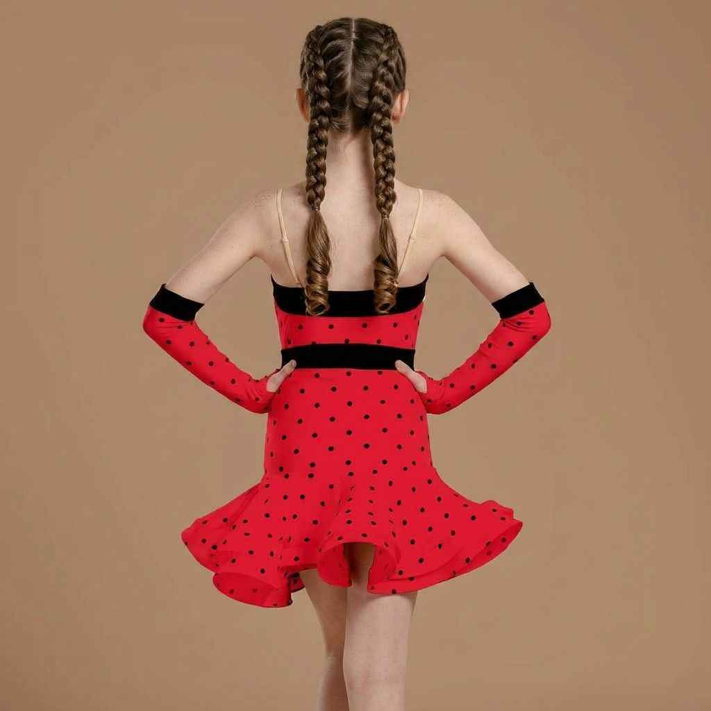 Red Polka Dot Girls Latin Dance Dress - Cha Cha Performance Costume