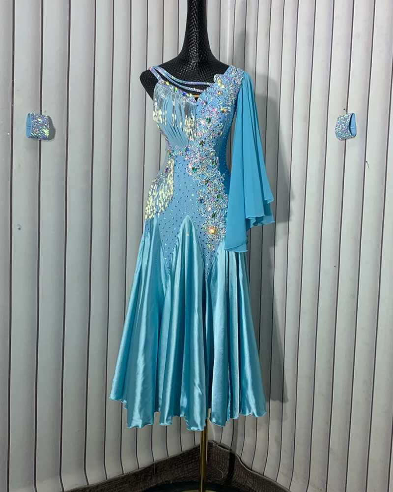 Custom Size Blue American Smooth Dance Dress for Women Ballroom Dance Competition Gown One Shoulder