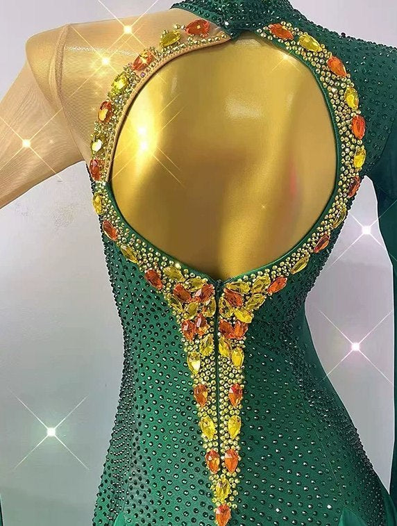 Custom Emerald Green Competition American Smooth Ballroom Dance Dress with Crystals