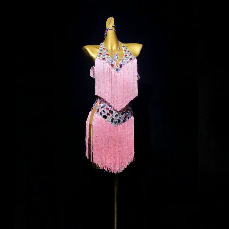 Custom Barbie Pink Latin Performance Dress - Multicolor Rhinestone Crop Top & Fringe Skirt