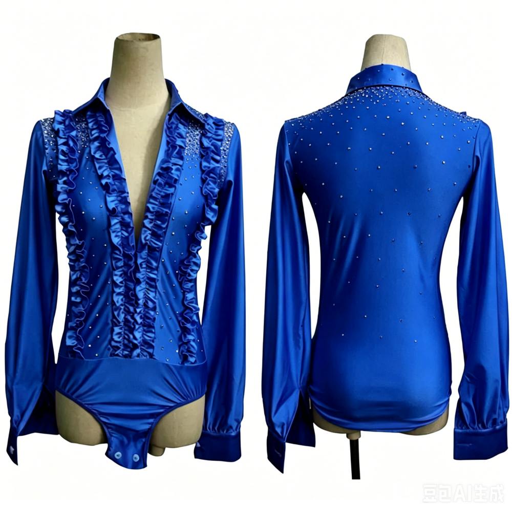 Custom Pink Blue Ruffle Edges Latin Dance Shirt for Men Youth Competition Waltz Tango Flamenco Dancing Tops