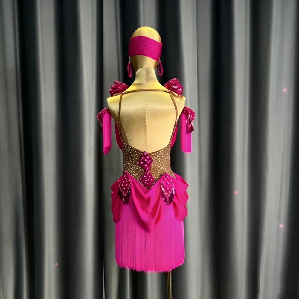 Custom Size Sparkly Turquoise Fringe Latin Dress Fuchsia Salsa & Rumba Dancewear