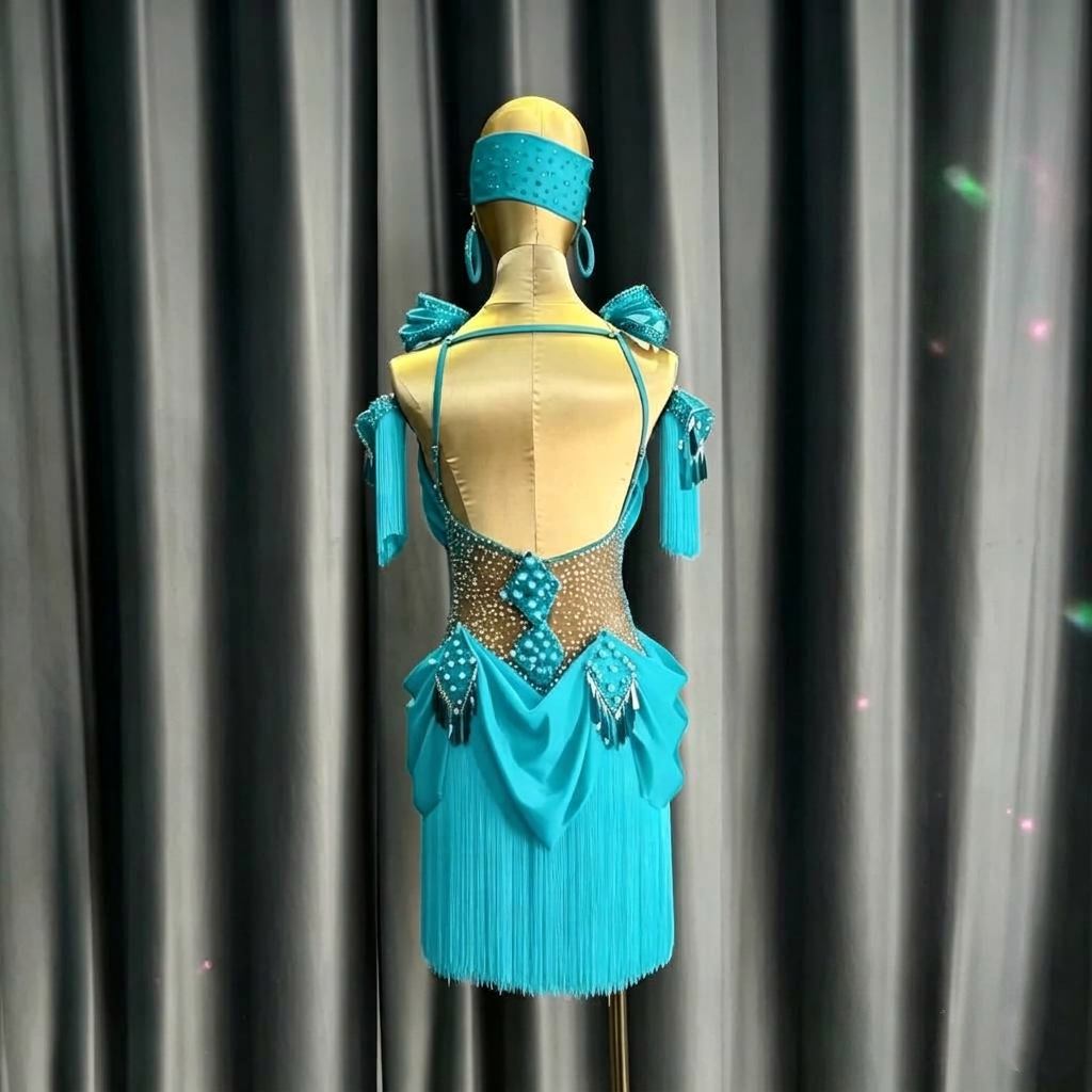 Custom Size Sparkly Turquoise Fringe Latin Dress Fuchsia Salsa & Rumba Dancewear