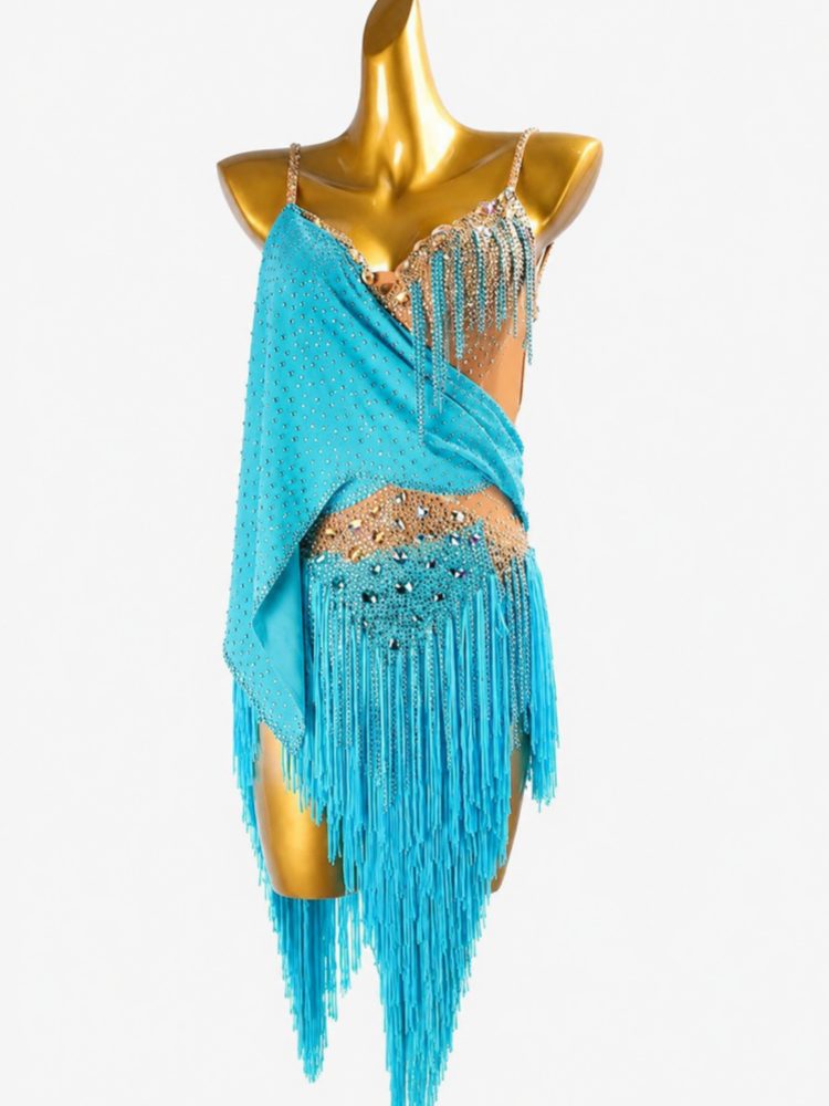 Custom Turquoise Rhinestone Latin Dance Dress with Fringe & Drape