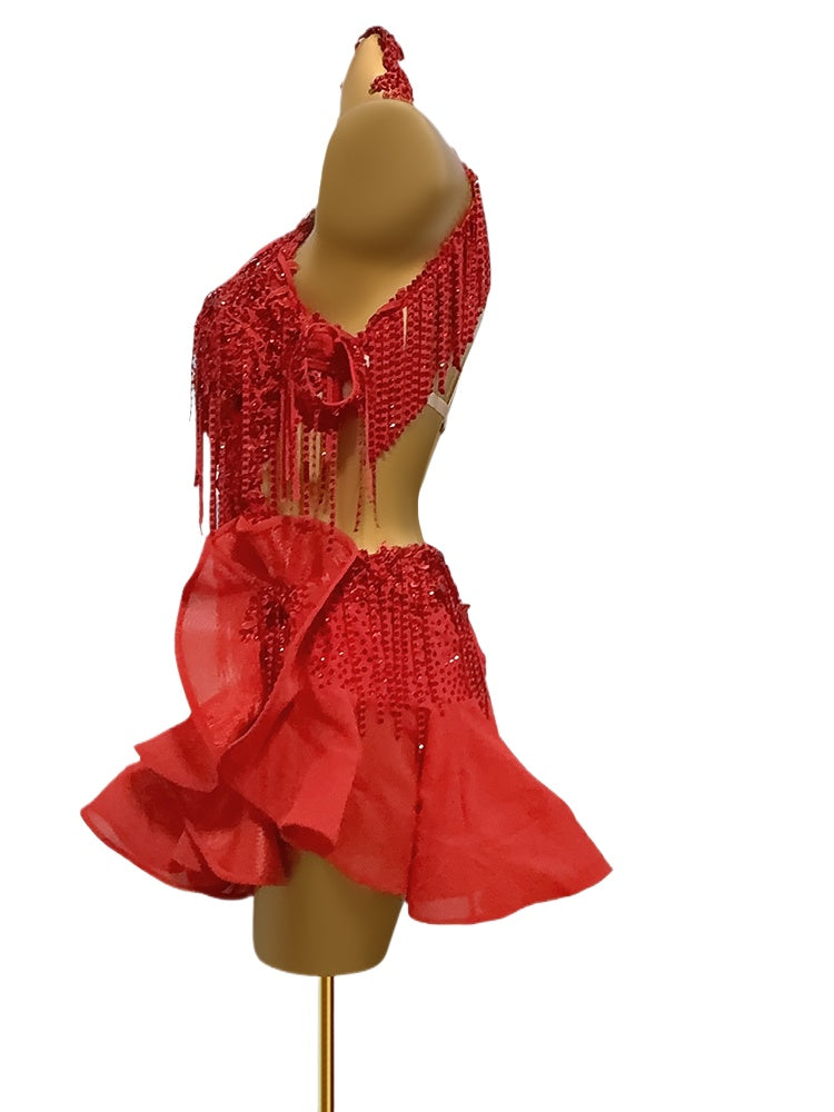 Custom Size Dark Green Ruffles Latin Dance Dresses for Women Girls Salsa Rumba Chacha Red Performance Clothing