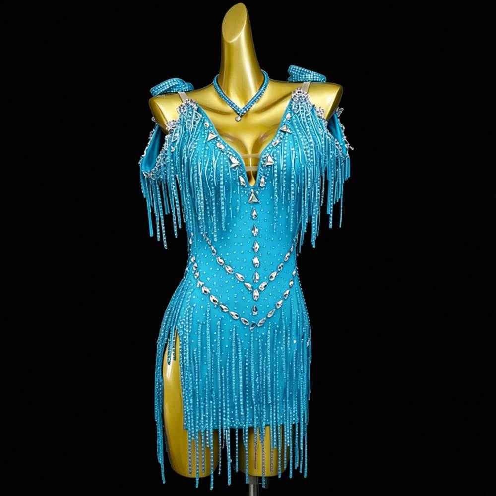 Custom Royal Blue Aqua Competition Latin Dance Dress Blackpool  Rumba Chacha Dancing Costume