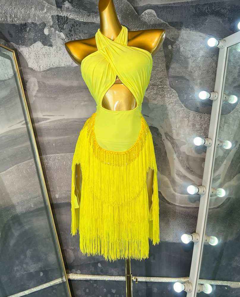 Custom Size Emerald Green Latin Dance Dress Salsa ChaCha Performance Wear with Layered Fringes