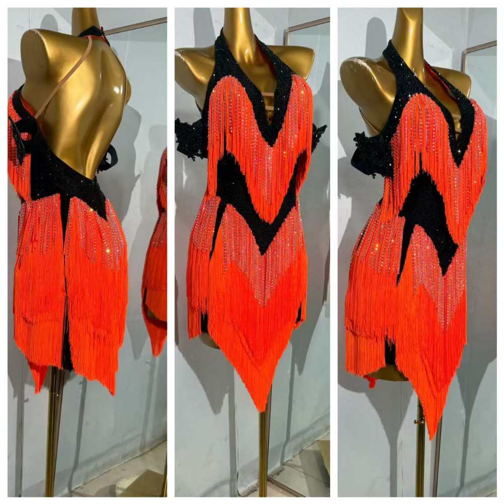 Custom Red Black Bling Fringe Competition Latin Dance Dresses for Women Girls Salsa Rumba Chacha Blackpool Dance Wear