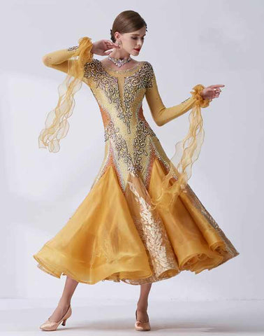 Custom Size Gold Competition Ballroom Dance Dresses for Women Girls Waltz Tango Rhythm National Dance Long Gown