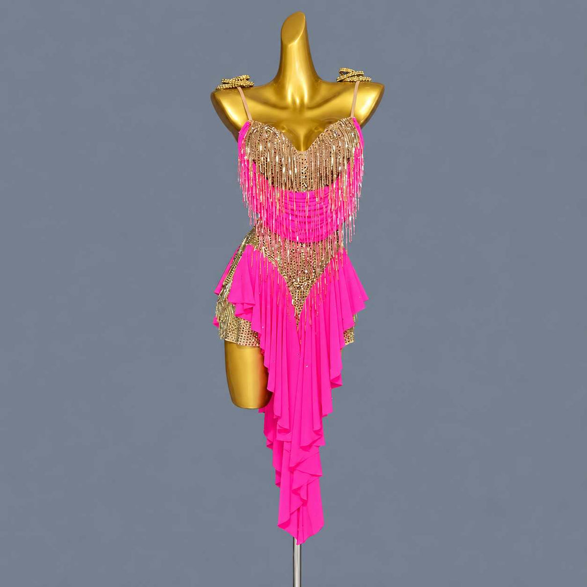 Custom Turquoise Gold Fringe Latin Dance Dress for Competition Salsa Ballroom Gown