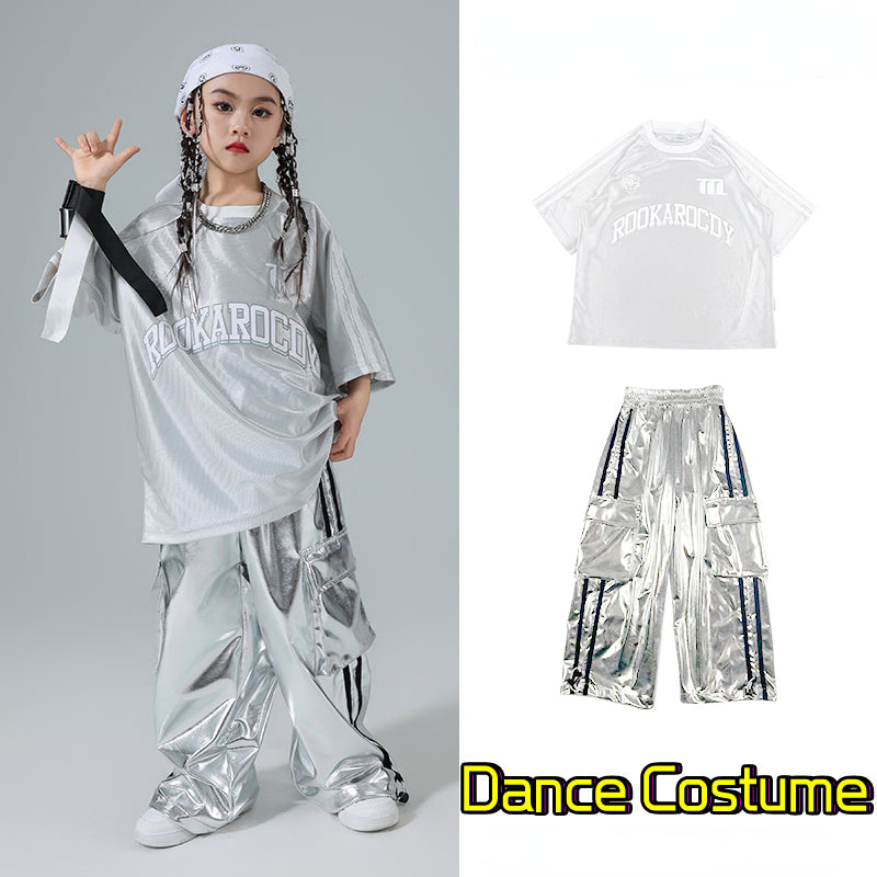 Hiphop street jazz dance Costumes for girls silver short sleeve pants modern gogo dancers rapper singers performance outfits for kids - Moderndancedress.com
