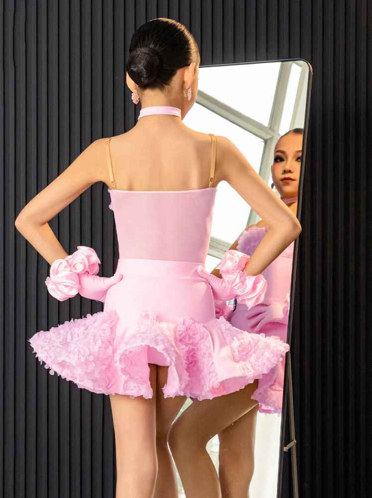 Girls Latin Dance Dress Pink 3d Rose Flowers Salsa Ballroom Dance Costumes for Kids
