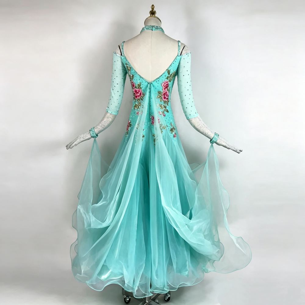 Custom Blue Competition Ballroom Dance Dress with Pink Floral Appliques