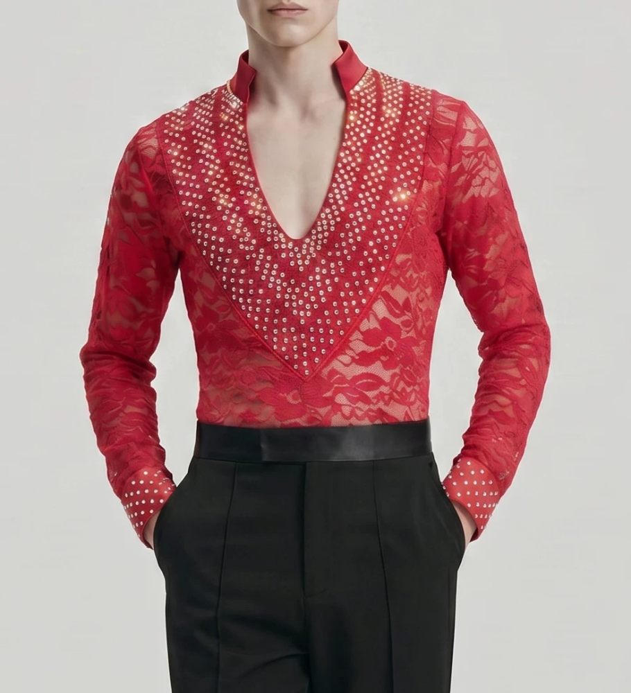Custom Size Men's Black Red Lace Latin Dance Shirt - Rhinestone V-Neck Stage Top