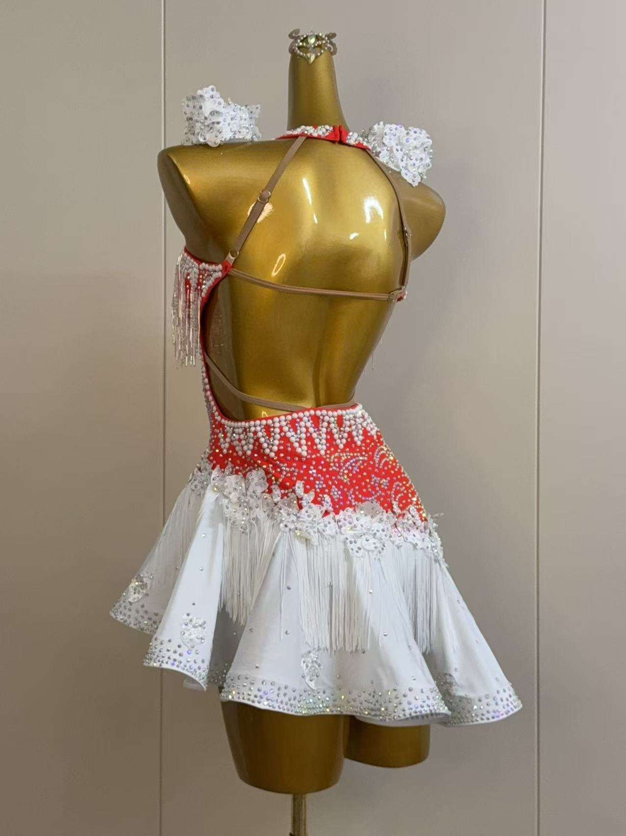 Custom Orange and White Latin Dance Dress - Rhinestone Fringe Salsa Wear