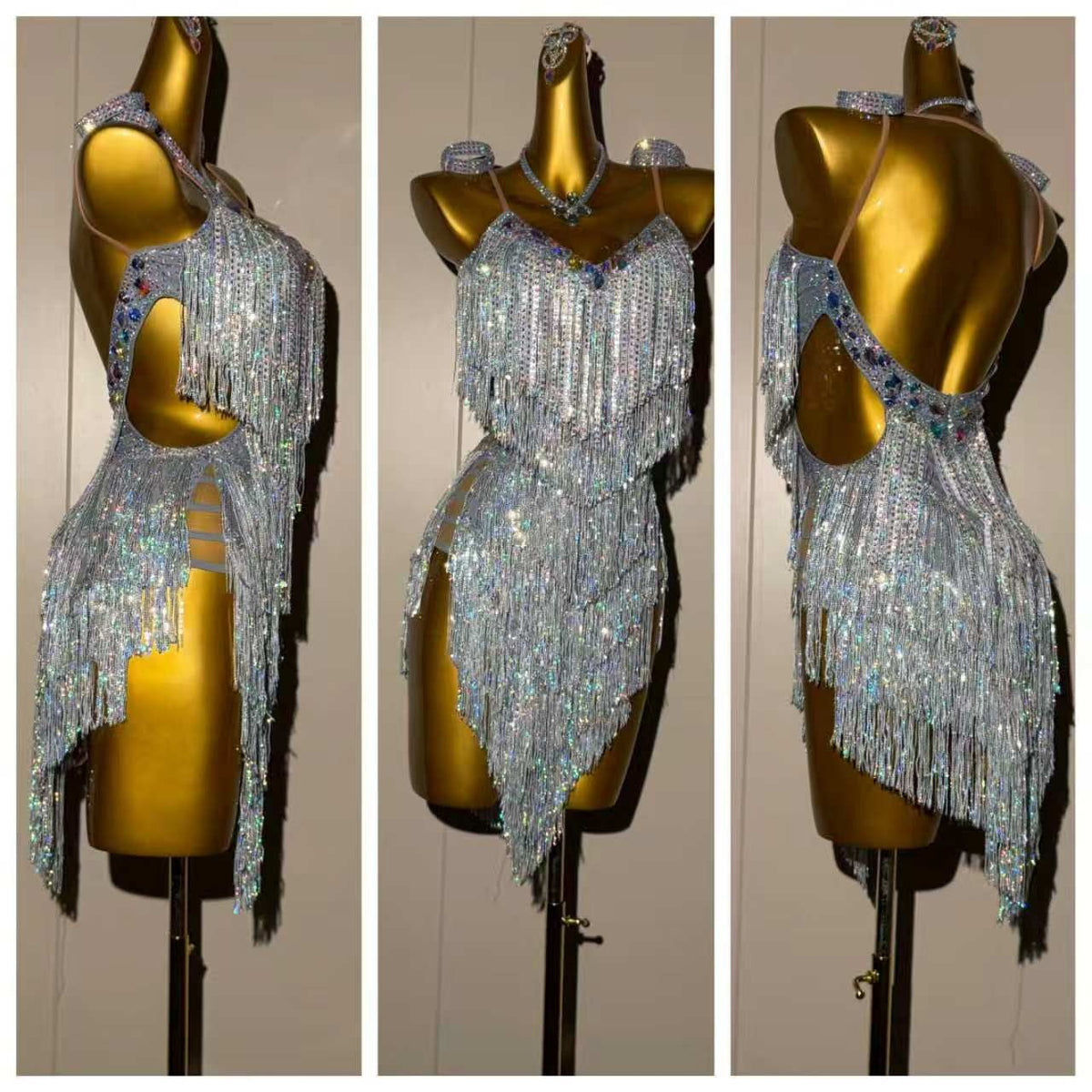 Custom Blue & Purple Sequin Latin Dance Dress Rhinestone Salsa Gown