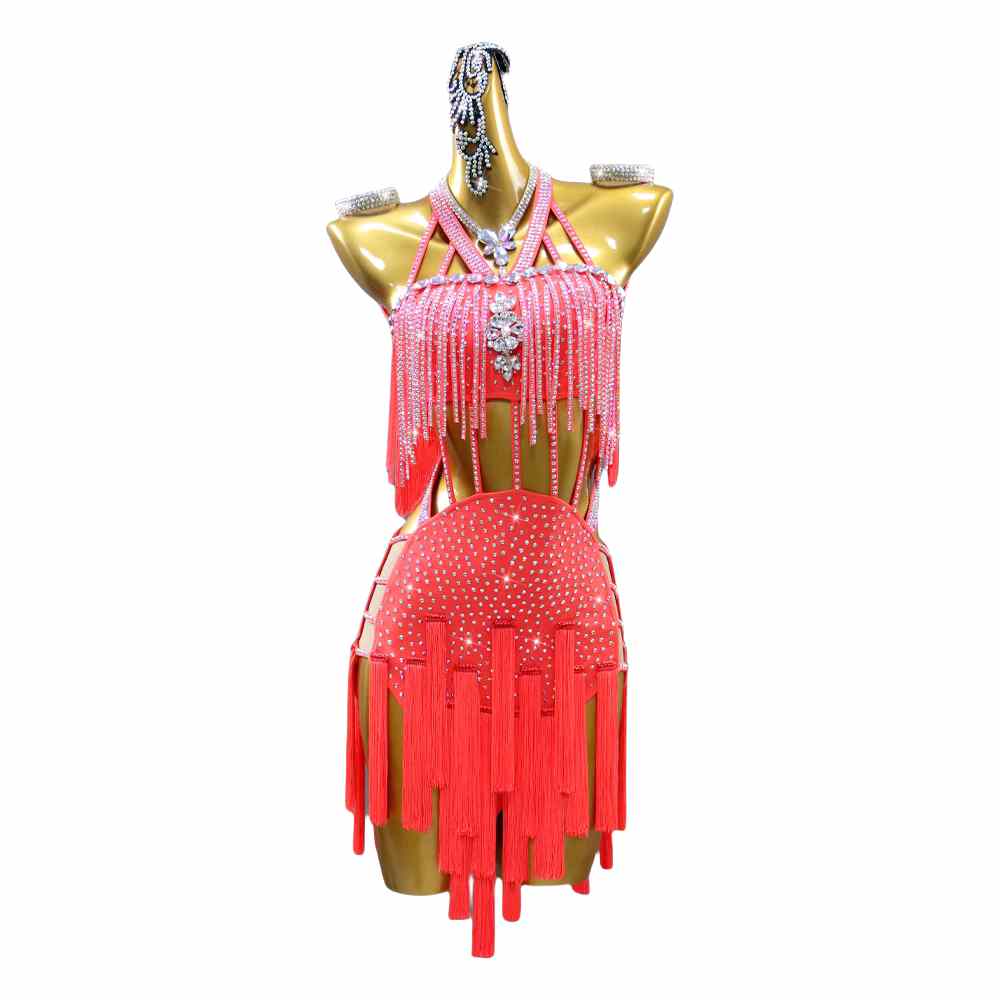 Coral Fringe Competition Latin Dance Dress for Girls Kids Adult Performance Clothing  Salsa Rumba Chacha Dancing Clothing Blackpool Regulations Dance Wear - Moderndancedress.com