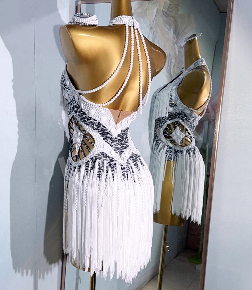 Custom Size White Fringe Latin Dance Dresses for Women Girls Salsa Rumba Chacha Fringed  Dance Costumes