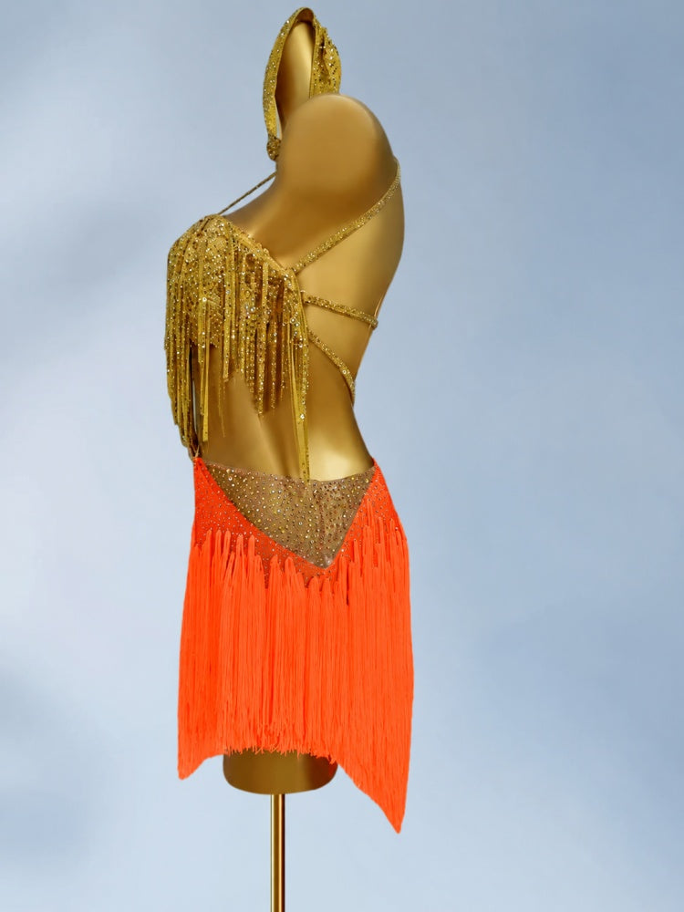 Custom Orange with Gold  Competition Latin Dance Dress Crystal Salsa Blackpool Dance Gown