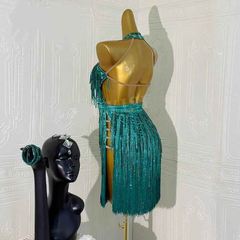 Custom Size Latin Dance Dresses Blue Green Fringed Salsa Rumba Blackpool Solo Dance Costumes