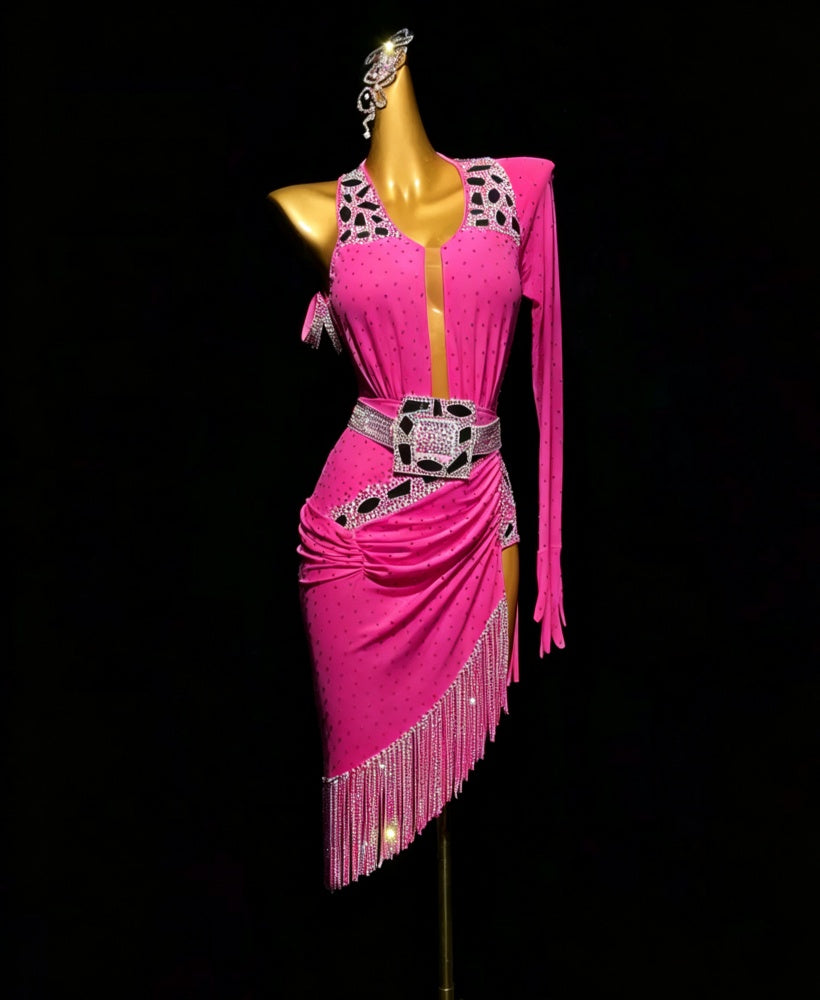 Custom Size White Fuchsia Bling Competition Latin Dance Dress Salsa Chacha Blackpool Dance Wear