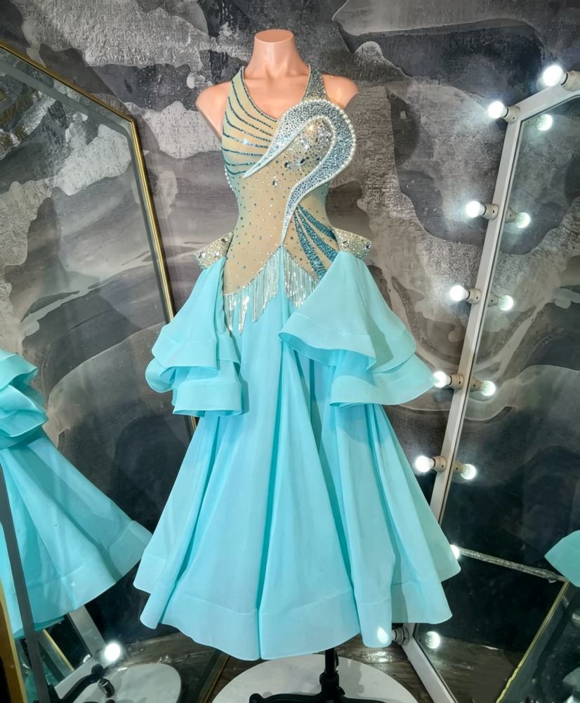 Custom Size Turquoise Petal Bling Fringe Ballroom Dance Dress Ruffle Skirt Waltz Tango Performance Gown