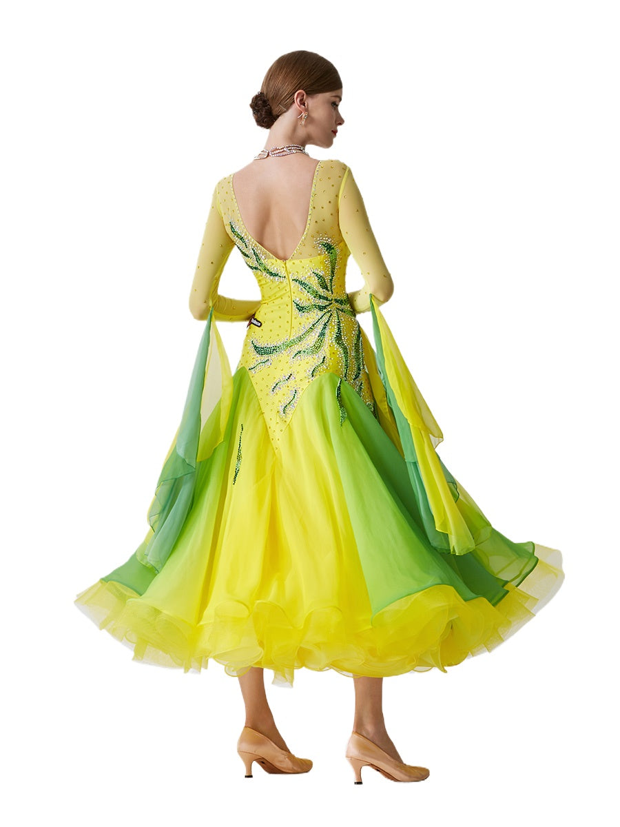 Custom Size Yellow Competition Ballroom Dance Dresses for Women Girls Rhythm Waltz Tango Dancing Gown - Moderndancedress.com