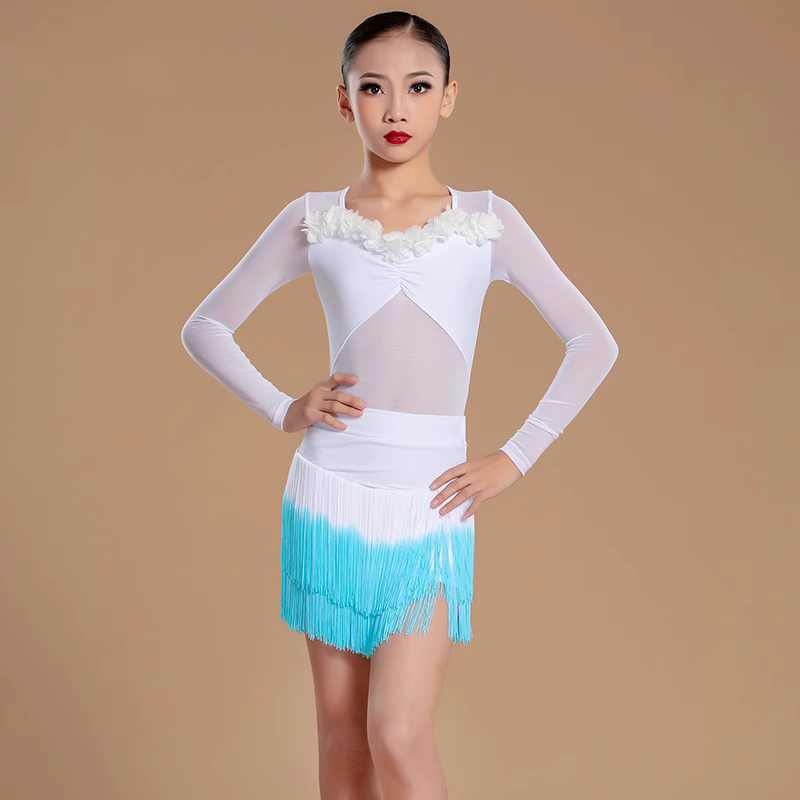 White blue Gradient fringe flowers Latin dance dresses fpr girls kids salsa rumba chacha modern dance performance outfits for kids - Moderndancedress.com