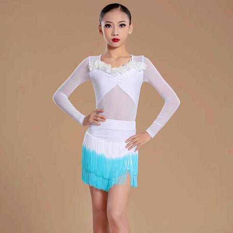 White blue Gradient fringe flowers Latin dance dresses fpr girls kids salsa rumba chacha modern dance performance outfits for kids - Moderndancedress.com