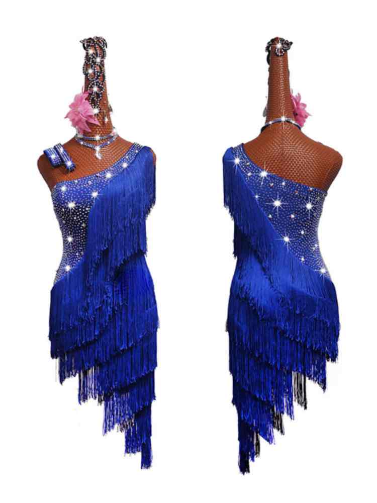 Sapphire blue black fringe Latin dance competition dresses adult girls slanted shoulder salsa rumba chacha modern dance clothes - Moderndancedress.com