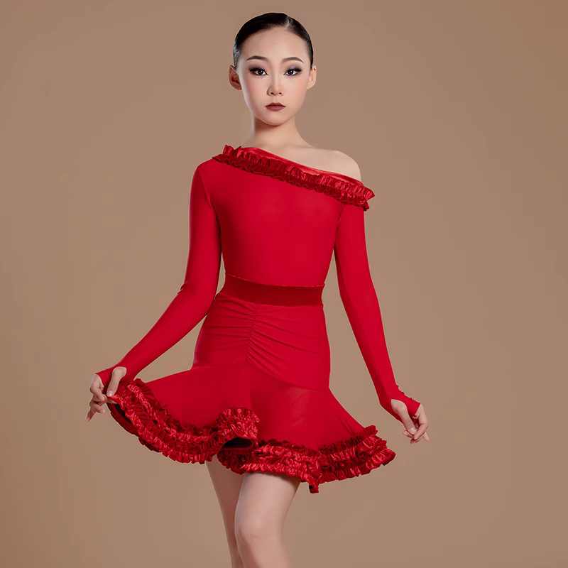 Girls Red Color Latin Dance Dresses Slant Neck Long Sleeeves Salsa Rumba Chacha Party Performance Costumes for Kids - Moderndancedress.com