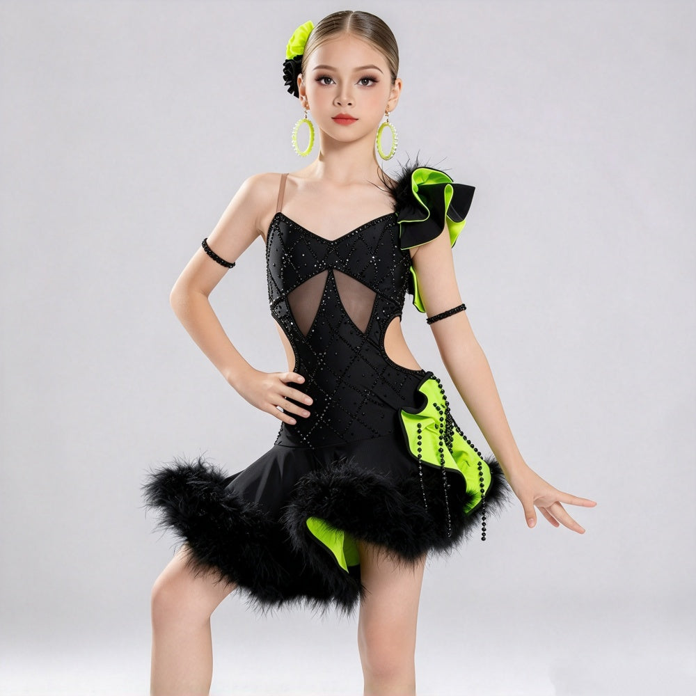 Girls Latin Dance Competition Dress | Rhinestone Lime Green & Black Salsa Costume