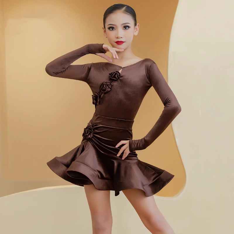 Children's Coffee Velvet Flowers Latin Dance Dresses for Kids Children Long-sleeved Ballroom Salsa Samba Performance Clothes Grade Examination Regulations Wear - Moderndancedress.com