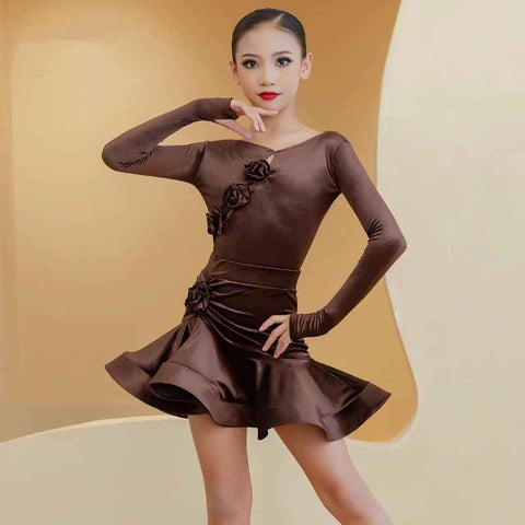 Children's Coffee Velvet Flowers Latin Dance Dresses for Kids Children Long-sleeved Ballroom Salsa Samba Performance Clothes Grade Examination Regulations Wear - Moderndancedress.com