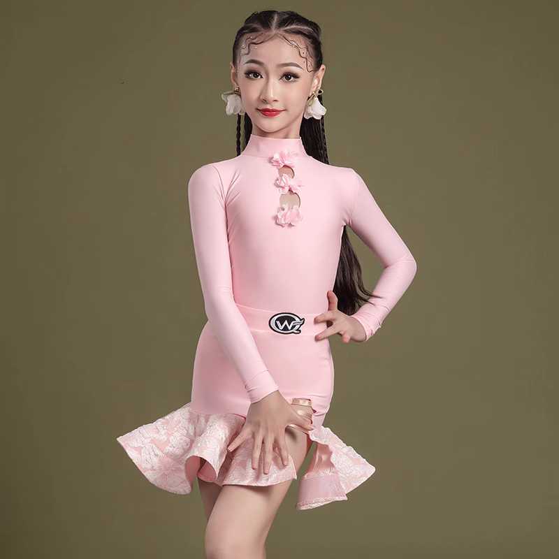 Light Pink Lace Flowers Latin Dance Dresses for Girl Kids Children Salsa Rumba Samba Chacha Performance Clothing Party Dress Up Fancy Ball Gown - Moderndancedress.com