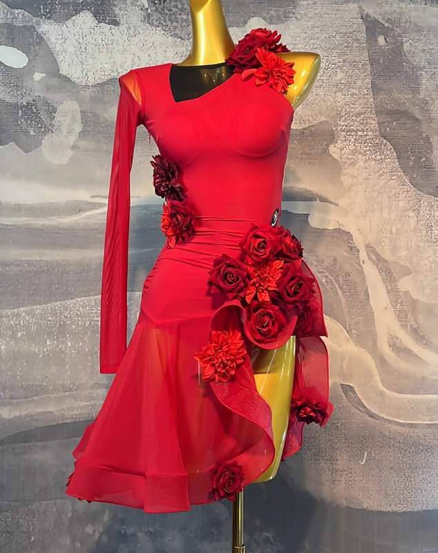 Custom Size Red Latin Dance Dresses for Women Girls Slant Neck One Shoulder Flowers Salsa Rumba  Art Test Competition Costumes