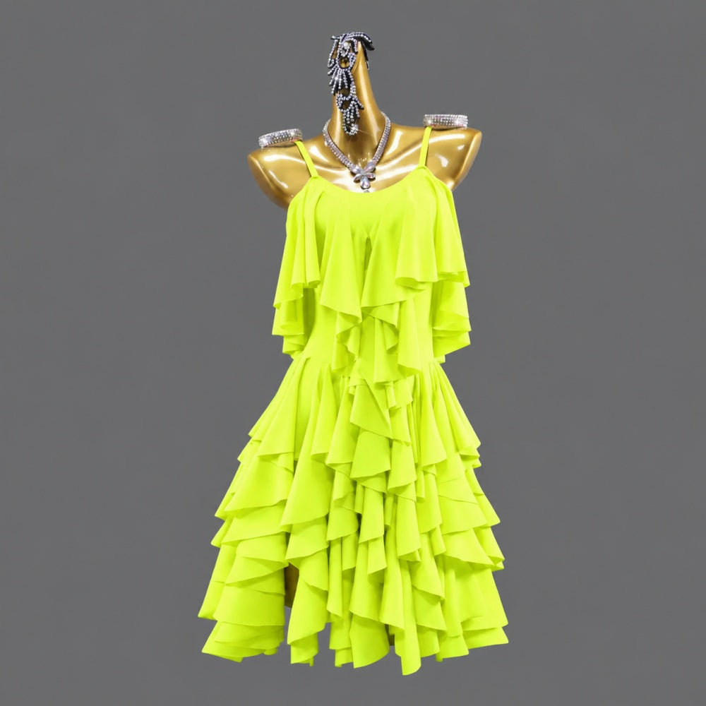 Custom Orange Latin Dance Competition Dress Tiered Ruffle Fringe Salsa Gown