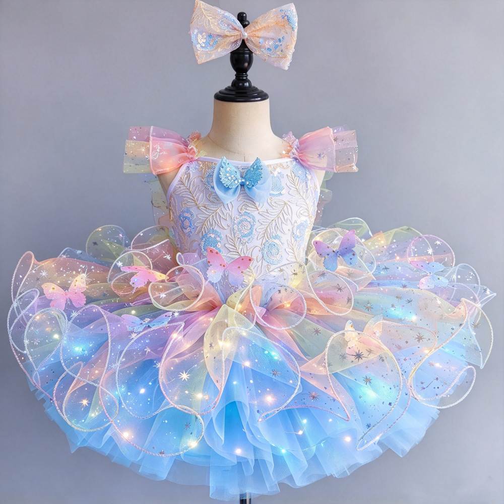 Girls LED Light-Up Rainbow Ballet Tutu Dress Pastel Jazz Party Princess Costume