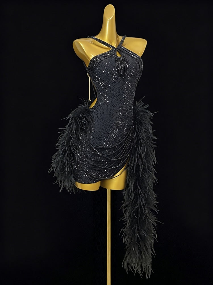 Custom Size Black Ostrich Feather Latin Dress - Luxury Rhinestone Competition Wear