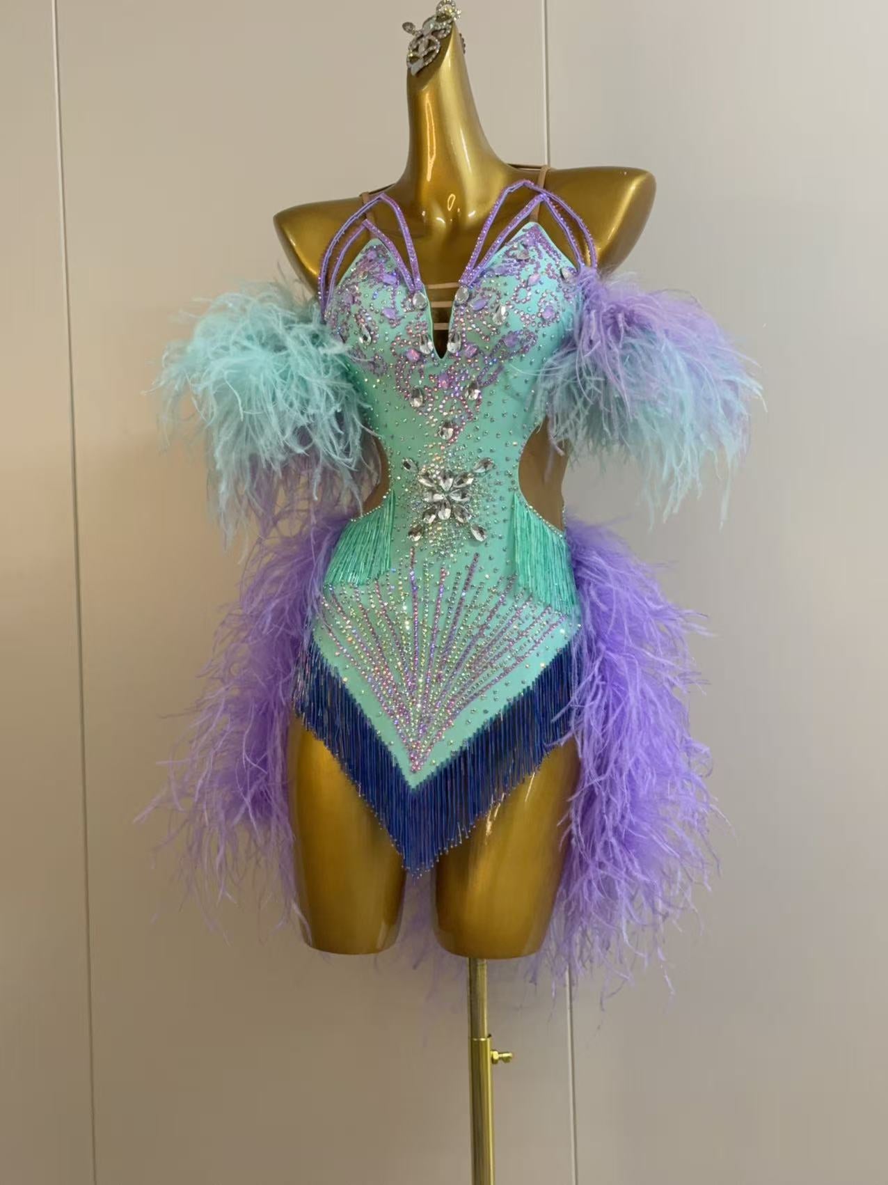 Custom Mint & Purple Latin Samba Dance Dress with Feathers