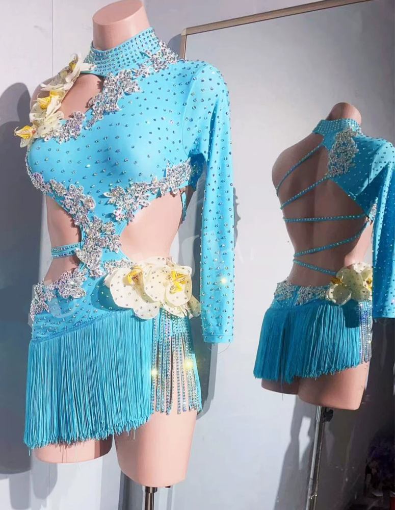 Custom Competition Turquoise Latin Dress with 3d Flowers Salsa Latin Costume