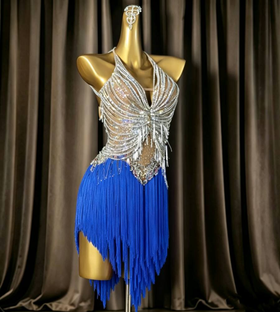 Custom Size Professional Hot Pink Tassel Latin Rhythm Dress with Silver Crystals